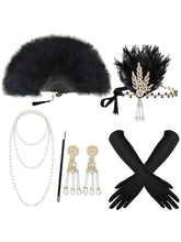 Load image into Gallery viewer, 1920s Vintage Flapper Accessory 6-Piece Set - Gatsby Feather Headband &amp; Folding Fan Outfit