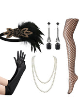 Load image into Gallery viewer, 1920s Vintage Flapper Accessory 6-Piece Set - Gatsby Black Feather Headband &amp; Fishnet Outfit