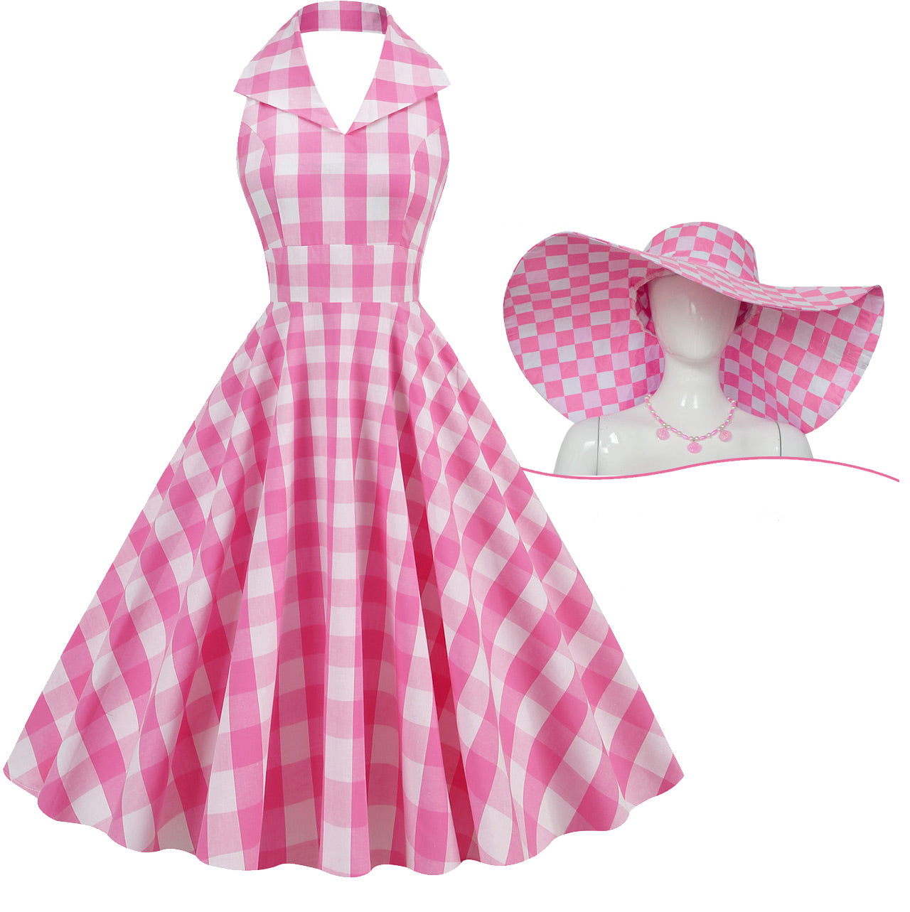 Pink And White Plaid Halter Barbie Same Style 1950S Vintage Dress With Hat Set