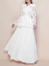 Load image into Gallery viewer, Baby Blue V Neck Long-Sleeve Lace Blouse with Flowy Chiffon Skirt Set