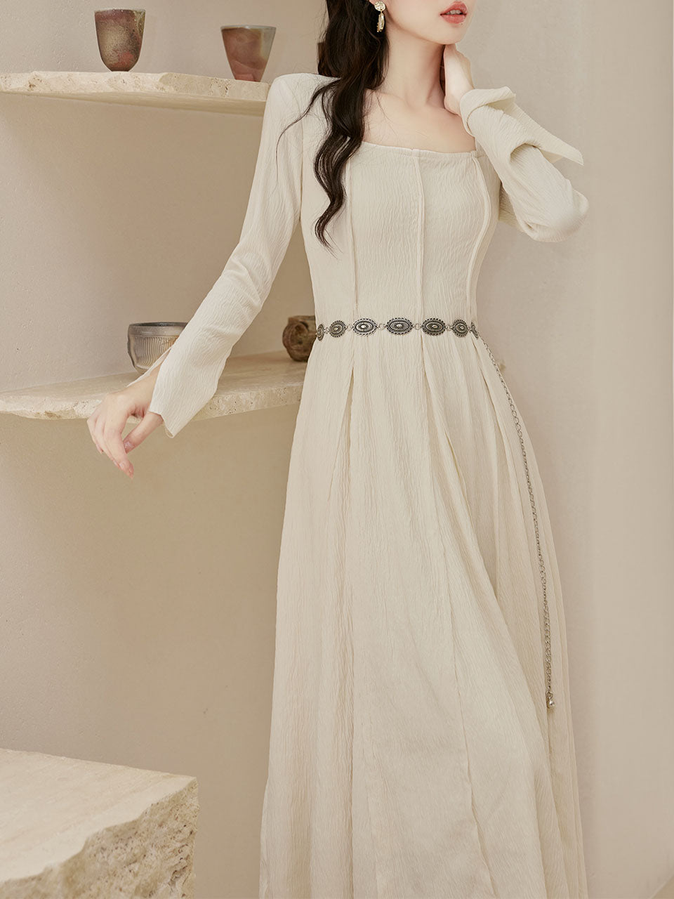 vintage square neck wedding dress Apricot Square Neck Trumpet Sleeve Edwardian Revival Vintage Wedding Dress, White / XS