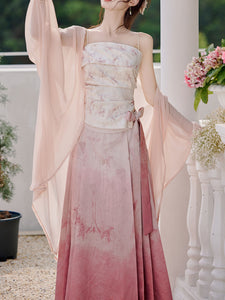 Pink Floral Tube Top and Horse-face Skirt 1950s Cardigan Suit