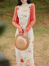 Load image into Gallery viewer, 2PS White Floral Print Spaghetti Strap Dress With Orange Shawl Dress Suit