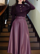 Load image into Gallery viewer, 3PS Purple Knitted Sweater And Cape With Purple PU Swing Skirt Set