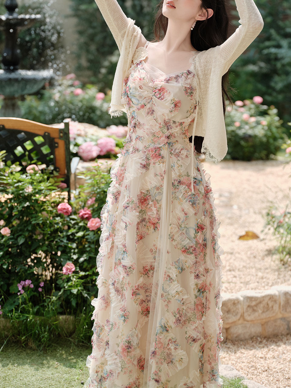 2PS Pink Spaghetti Strap Floral Mesh Ruffles Fairycore Dress With Cardigan Suit, Pink / S 2PS Pink Spaghetti Strap Floral Mesh Ruffles Fairycore Dress With Cardigan Suit, Pink / S