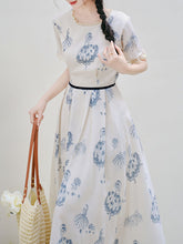 Load image into Gallery viewer, Retro Blue and White Porcelain Style Ballerina Graphic Dress Elegant Lace Flare Midi Dress for Picnic Vacation