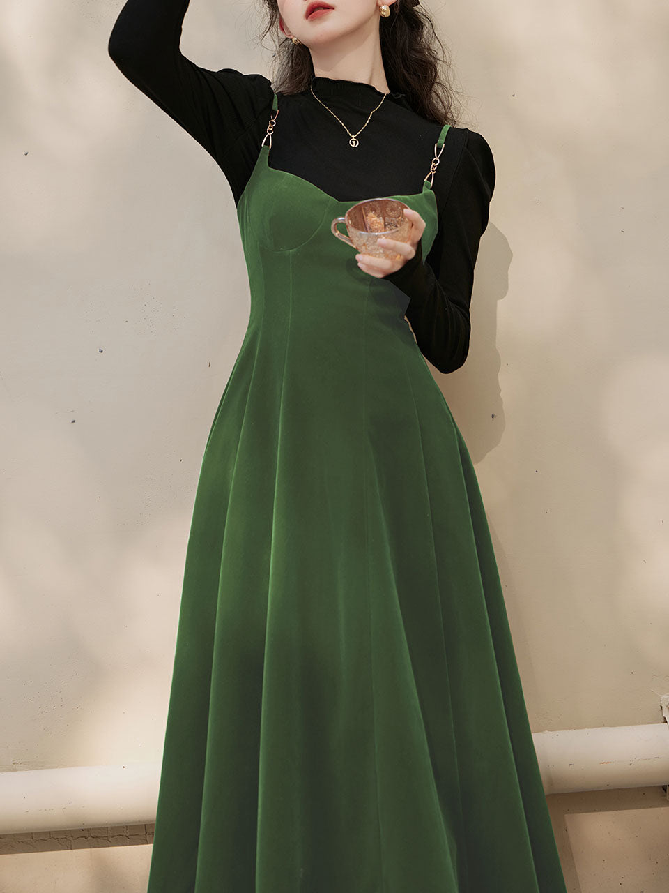 2PS Green Strap Suspender 1950S Dress With Black Sweater, Green / M 2PS Green Strap Suspender 1950S Dress With Black Sweater, Green / M