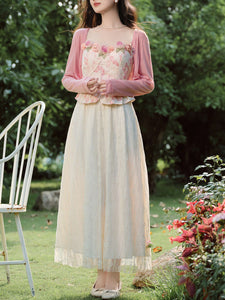 2PS Pink Rose Spaghetti Strap 1950S Swing Victoria's Fairy Dress With Pink Cardigan