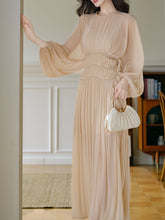 Load image into Gallery viewer, Nude Puff Long Sleeve Pleated Vintage Maxi Dress
