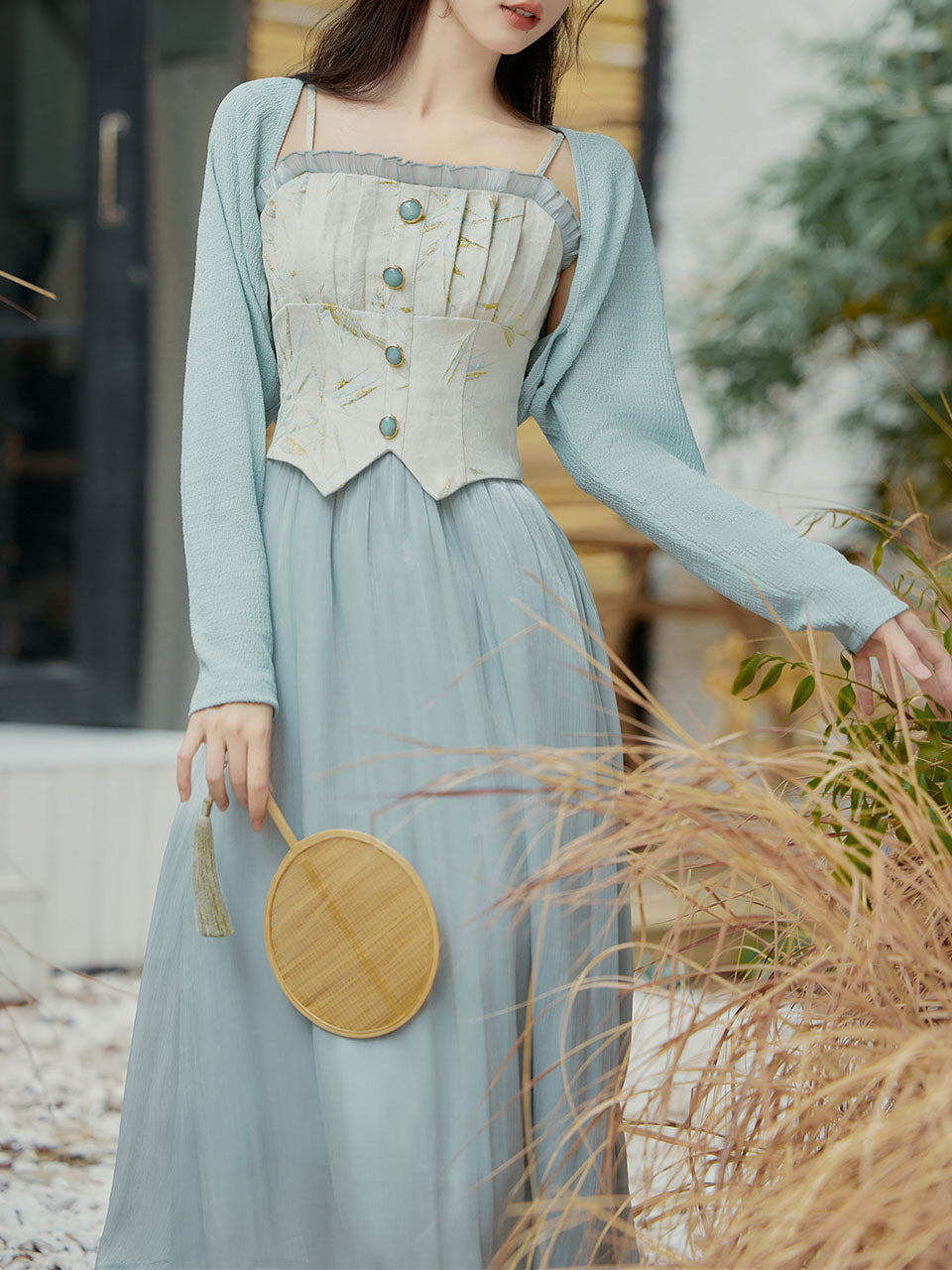 2PS Blue Lace Spaghetti Strap 1950S Swing Victoria's Fairy Dress With Blue Cardigan, Blue / L 2PS Blue Lace Spaghetti Strap 1950S Swing Victoria's Fairy Dress With Blue Cardigan, Blue / L