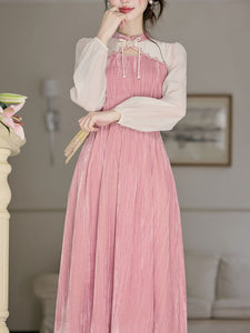 White Tulle Long Sleeve Pink Velvet Vintage Dress
