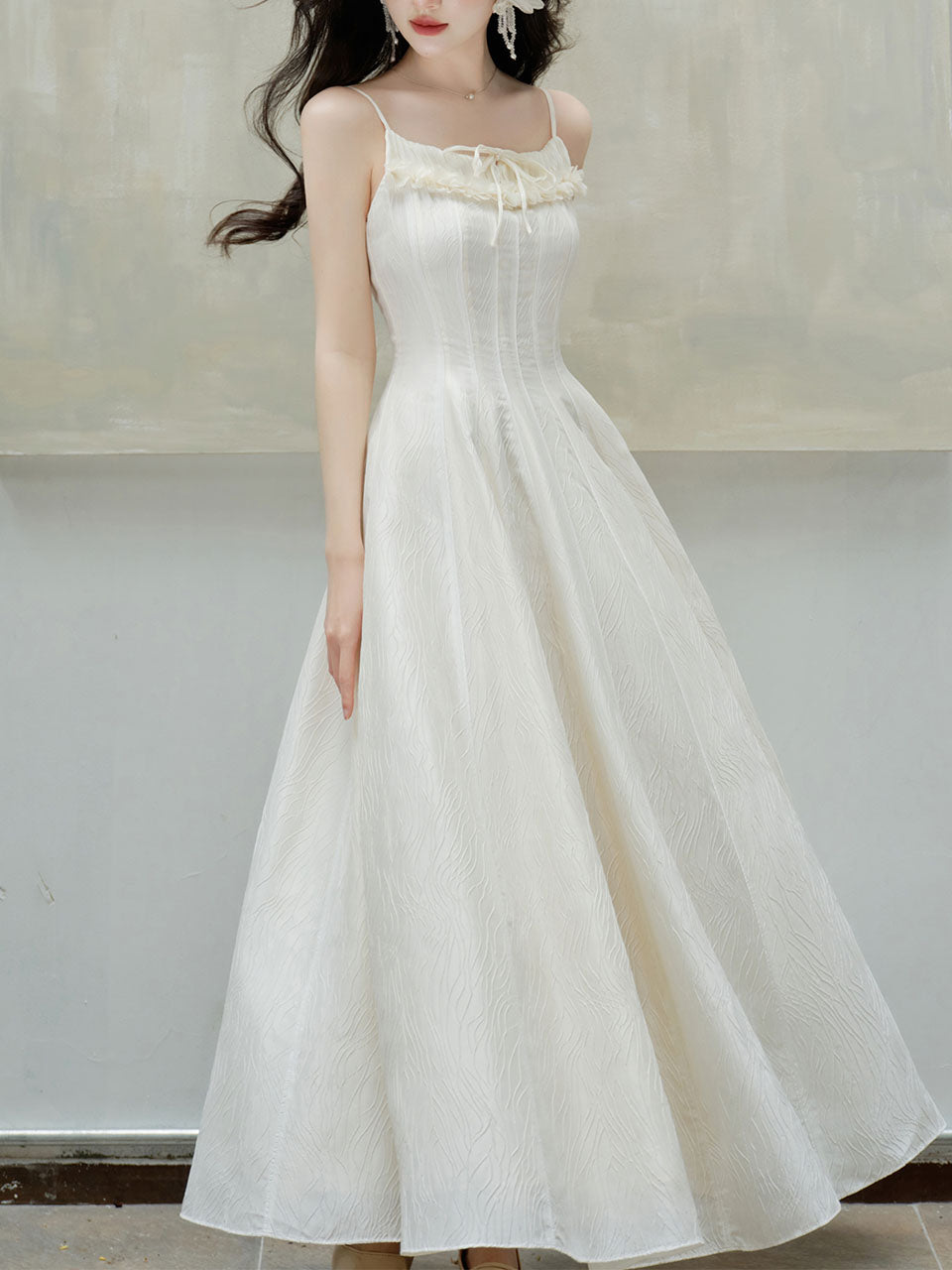 White Jacquard Acetate Sling Ruffle Wedding Maxi Dress and Bow Cardigan