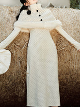 Load image into Gallery viewer, White Polka Dots Fluffy Cape Vintage Two-Piece Dress Set