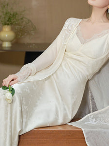 White Jacquard Acetate Sling Fishtail Wedding Maxi Dress and White Cardigan