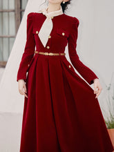 Load image into Gallery viewer, Red Velvet Vintage Dress With Gold Buttons