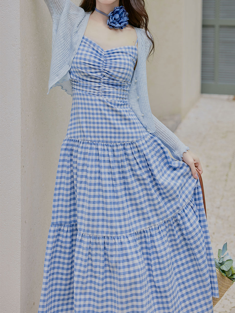 2PS White Floral Print Spaghetti Strap Dress With Blue Shawl Dress Suit Jolly Vintage 2PS White Floral Print Spaghetti Strap Dress With Blue Shawl Dress Suit Jolly Vintage
