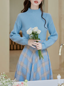 2PS Blue Sweater And Plaid Swing Skirt 1950S Vintage Audrey Hepburn's Style Outfits