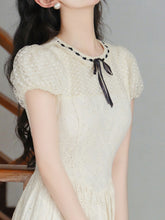 Load image into Gallery viewer, White Embroidered Bow Ribbon Crew Neck Puff Sleeve Princess Dress