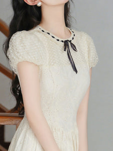 White Embroidered Bow Ribbon Crew Neck Puff Sleeve Princess Dress