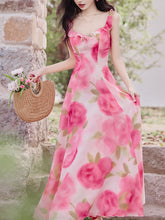 Load image into Gallery viewer, Sweet Rose Ruffles Strap Vintage Swing Maxi Dress