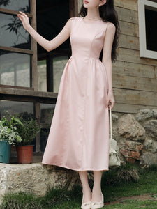 Pink Crew Neck Audrey Hepburn Inspired Vintage Dress