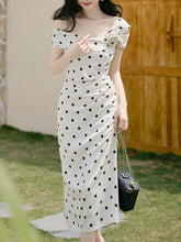 Load image into Gallery viewer, White Polka Dot Retro One Shoulder Chiffon Midi Dress