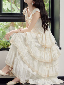White Ruffles V Neck Layered Lace Maxi Vintage Dress