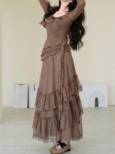1950S Vintage Brown Rose Top and Swing Skirt Set