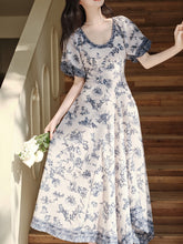 Load image into Gallery viewer, Blue Vintage Pattern Puff Sleeve Victoria Edwardian Dress