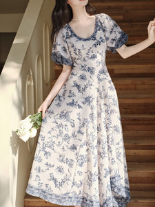 Blue Vintage Pattern Puff Sleeve Victoria Edwardian Dress