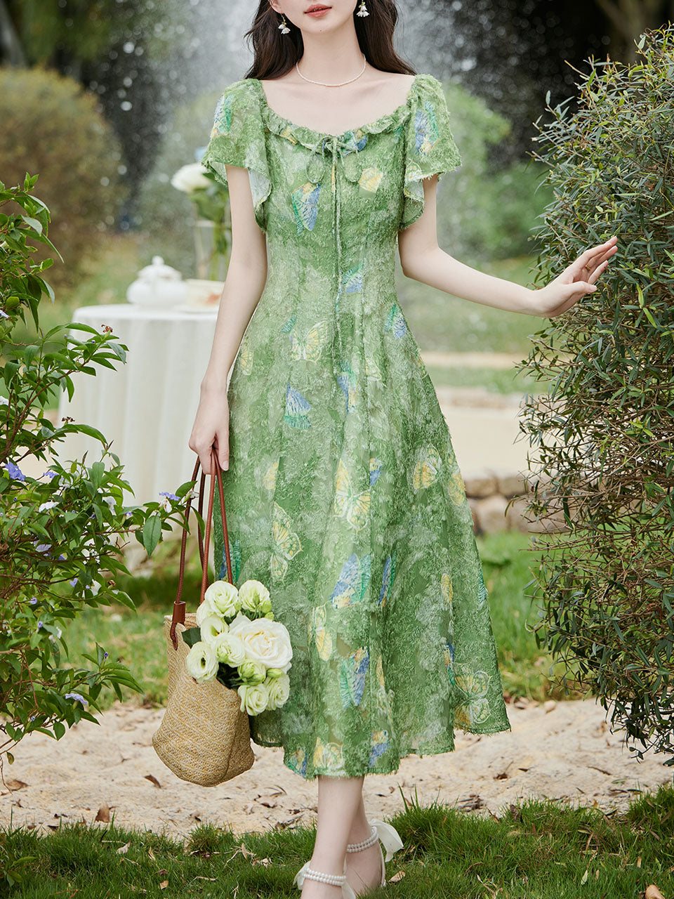 Green Square Neck Short Sleeve Butterfly Print Vintage Dress, Green / Xs Green Square Neck Short Sleeve Butterfly Print Vintage Dress, Green / Xs
