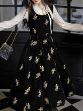 Load image into Gallery viewer, Two-Piece Set White Brushed-Lace Sweater and Black Floral Embroidered Velvet Dress