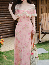 Load image into Gallery viewer, Pink Floral Rose Off Shoulder Lace Georgette Dress