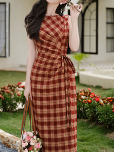 Brick Red Plaid 1950S Vintage Bodycon Dress