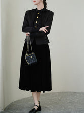 Load image into Gallery viewer, Black Bowknot Collar Gold Buttons Winter Coat and Black Skirt Vintage Set