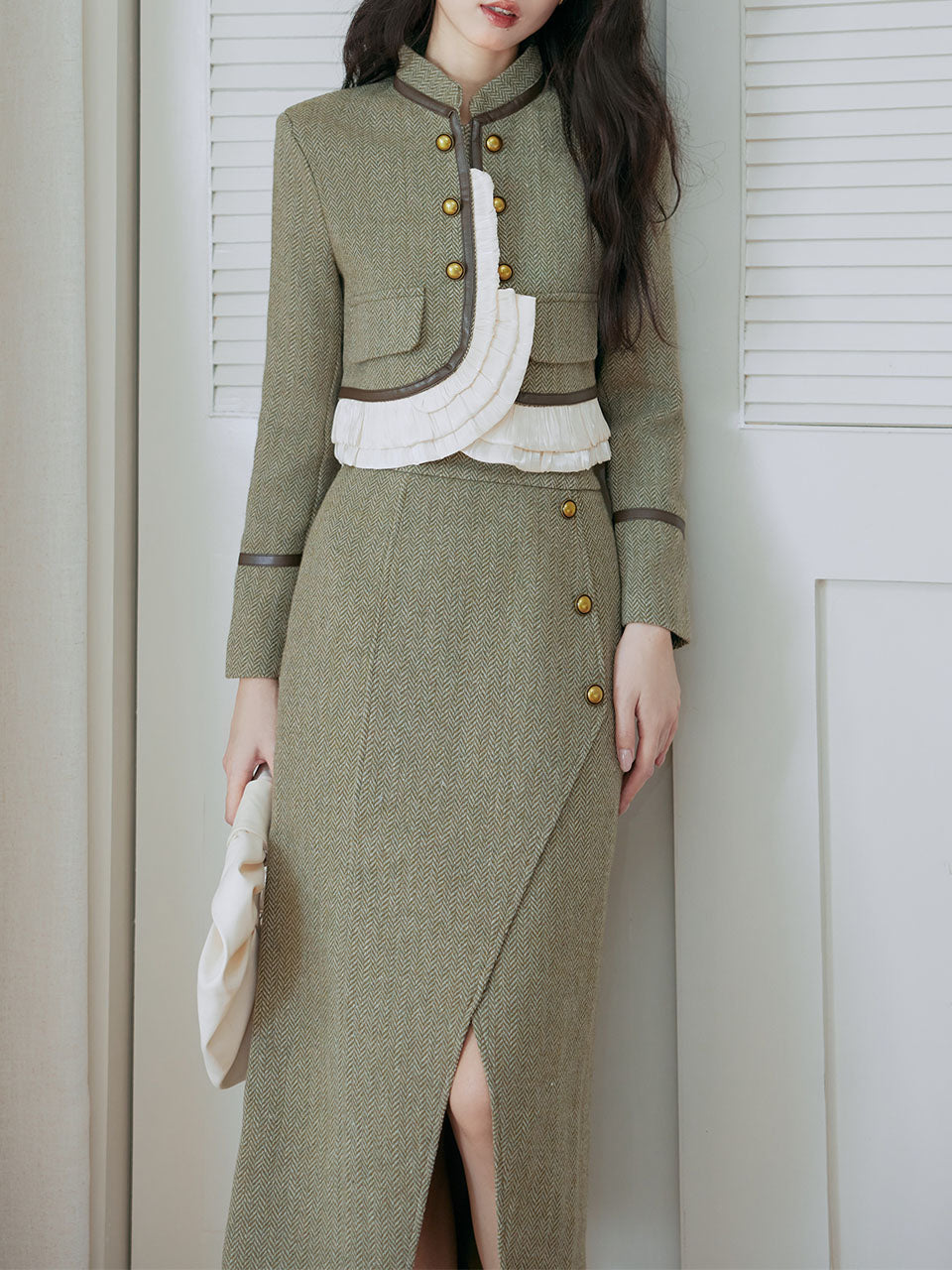 2PS Green Ruffles Top and Slit Gold Distressed Buttons Skirt 1950s Suit, Green / S