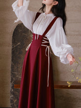 Load image into Gallery viewer, 2PS White Long Sleeve Blouse And Red Supender Skirt Dress Set