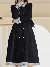 Load image into Gallery viewer, Black Crew Neck Tweed 1950s Swing Dress Coat With White Lace Ruffles