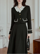 Load image into Gallery viewer, 2PS Black Fake Collar Tweed Top And Swing Skirt 1950s Vintage Suit