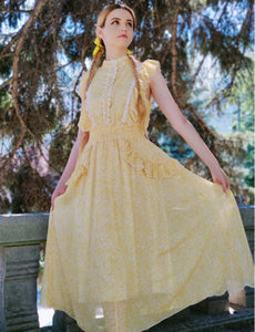 Yellow Floral Print Fuffles Vintage Princess Chiffon Maxi Dress