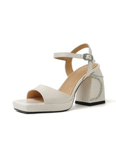 Load image into Gallery viewer, Women&#39;s  Square Toe Bow Chunky Heel Sandals Leather Vintage Shoes