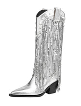 Load image into Gallery viewer, 7CM Luxury Silver Fringed Chunky Heel  Boots Vintage Shoes