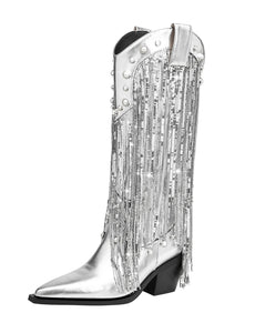 7CM Luxury Silver Fringed Chunky Heel  Boots Vintage Shoes