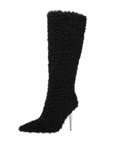 Black High Heel Pointed Toes Lambswool Retro Short Boots Shoes