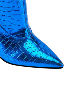 Blue High Heel Pointed Toes Metallic Leather Boots Shoes
