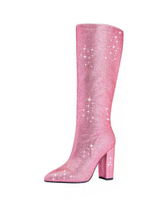 Pink High Heel Pointed Toes Luxury Bling Rhinestone Boots Shoes