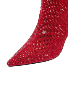 Red High Heel Pointed Toes Luxury Bling Rhinestone Boots Shoes