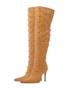 Yellow High Heel Pointed Toes Luxury Rivet Boots Shoes