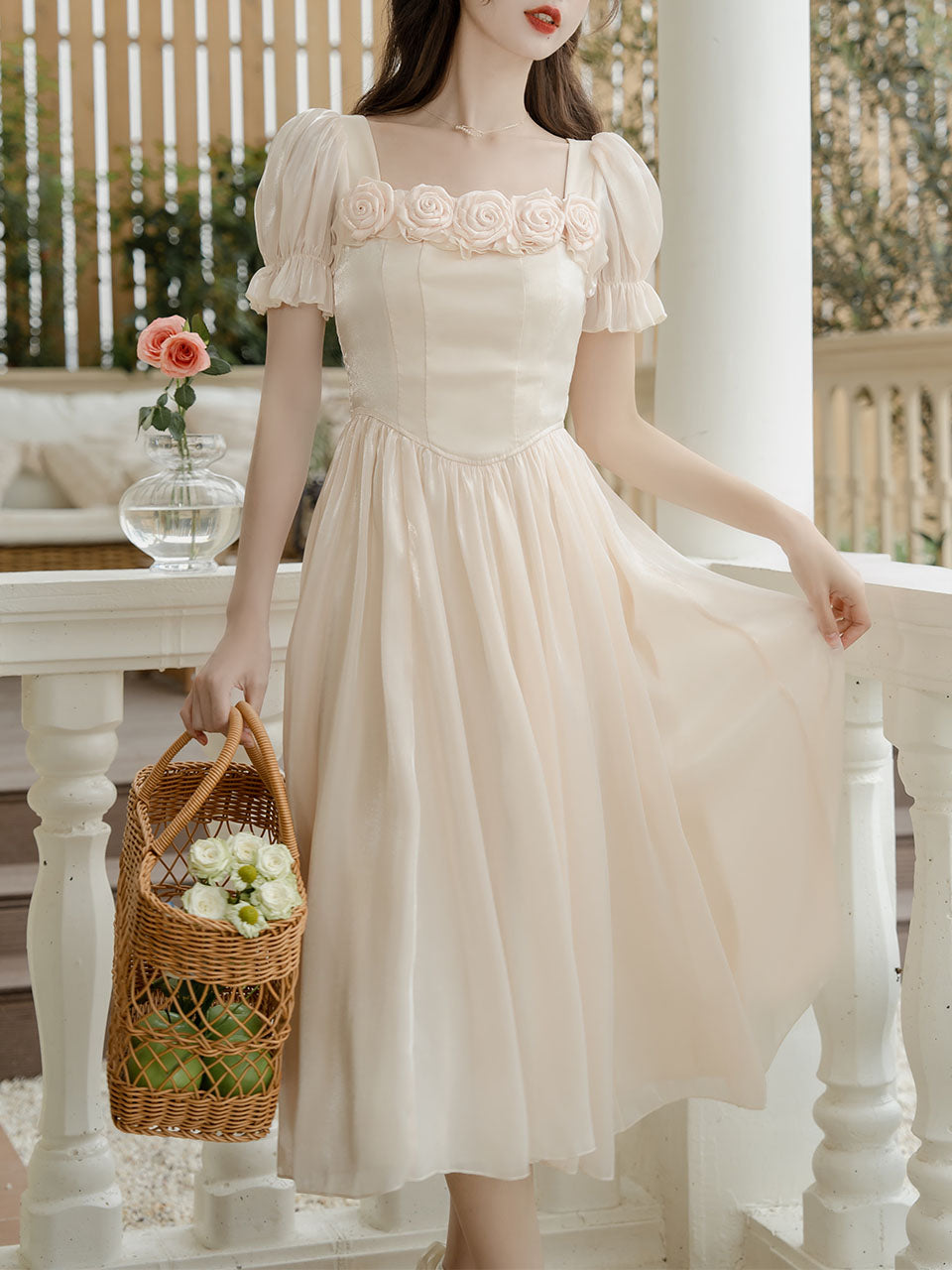 1950S White Rose High Waist Puff Sleeve Vintage Dress, White / S 1950S White Rose High Waist Puff Sleeve Vintage Dress, White / S