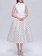 Load image into Gallery viewer, White Polka Dot Sleeveless Shirt Dress with Belted Waist A-Line Midi Dress